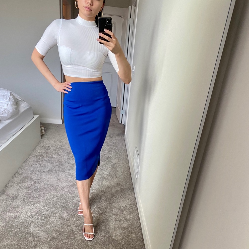 Bright Blue Midi Skirt with Side Slits S